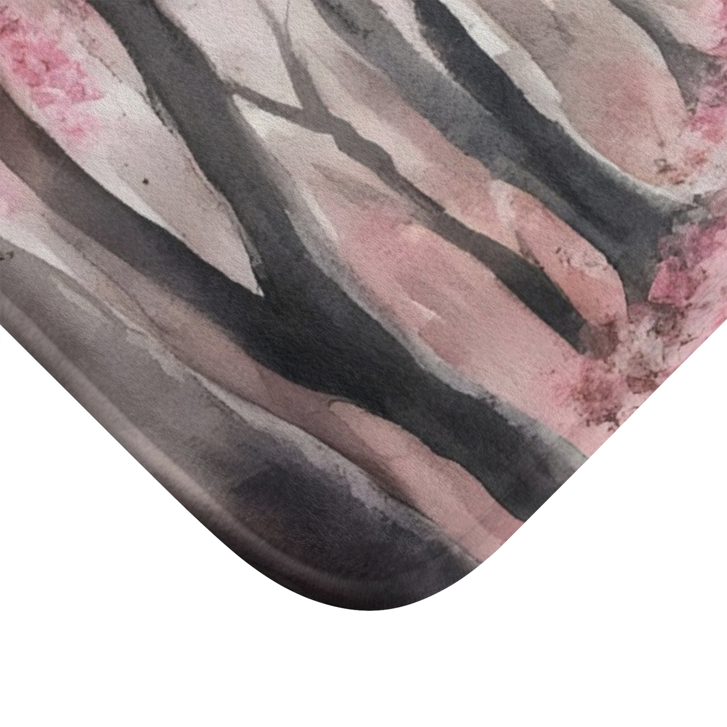 Abstract watercolor forest art with soft pink and gray tones on fabric or decor surface