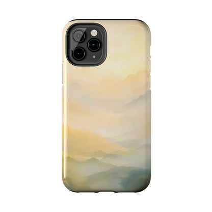 iPhone case with soft pastel mountain landscape, serene misty sunrise design