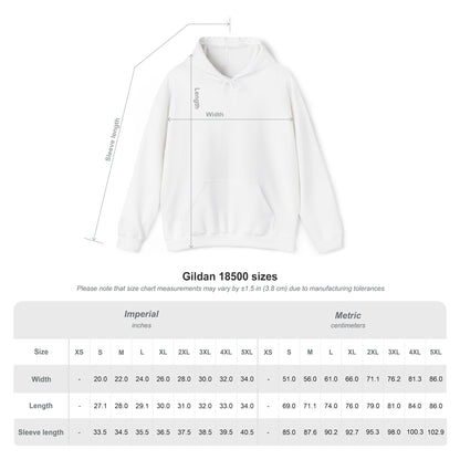 White Gildan 18500 hoodie with size chart and measurement guide for width, length, sleeve length