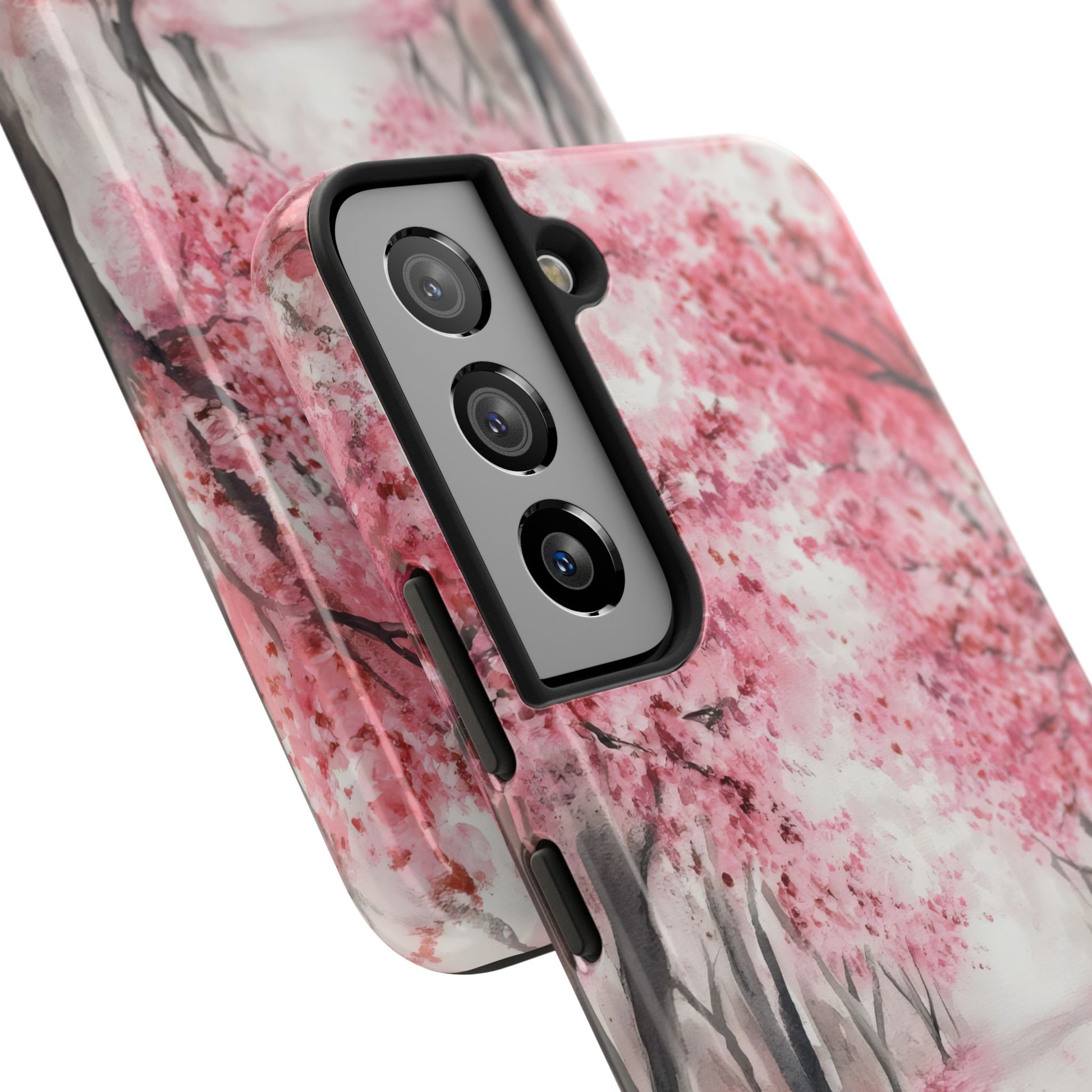 Phone case with pink cherry blossom tree art, floral protective cover for smartphone