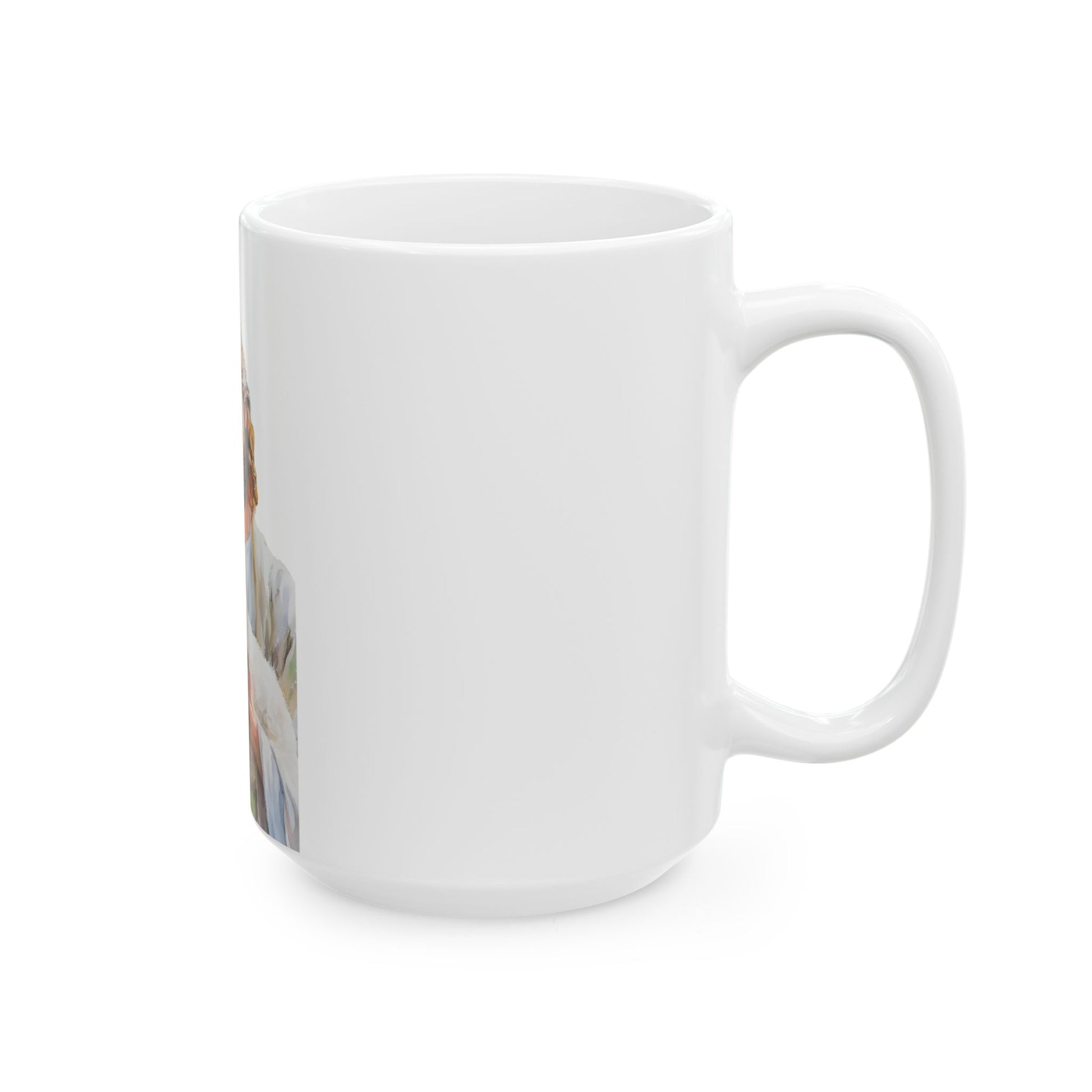 White ceramic mug with partial faith-inspired art visible on the left side