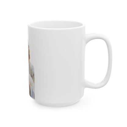 White ceramic mug with partial faith-inspired art visible on the left side