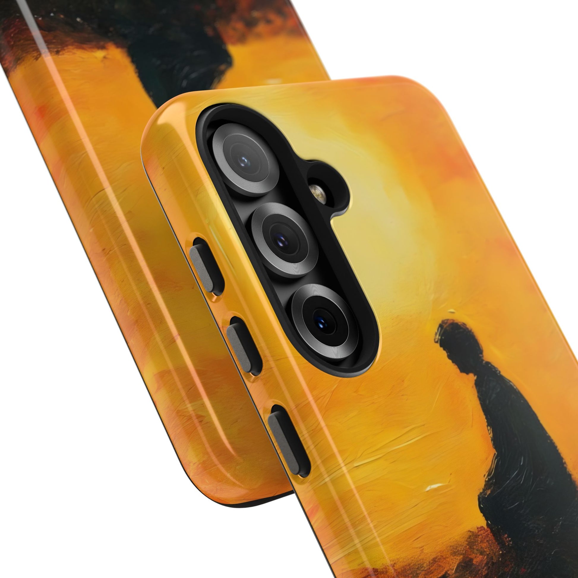 Phone case with Christian art of a contemplative silhouette against a warm yellow sunset