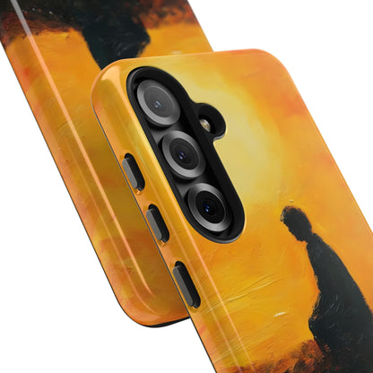 Phone case with Christian art of a contemplative silhouette against a warm yellow sunset