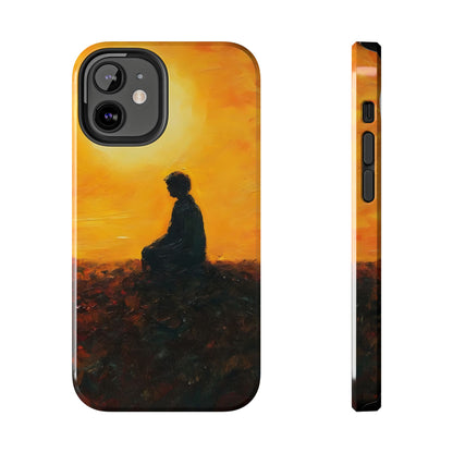 Phone case with silhouette of person meditating at sunset, spiritual art design
