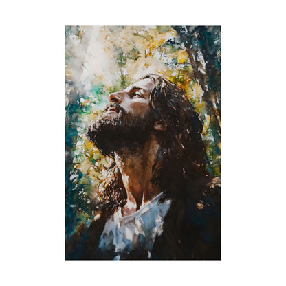 Watercolor painting of a bearded man with long hair gazing upward in a sunlit forest scene