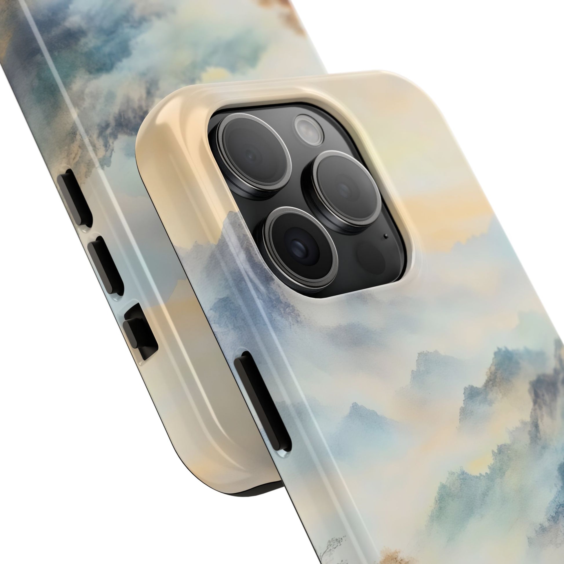 Phone case with serene watercolor cloud and mountain landscape design, close-up view