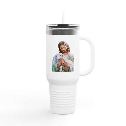 40 oz insulated travel tumbler with Jesus holding a lamb artwork
