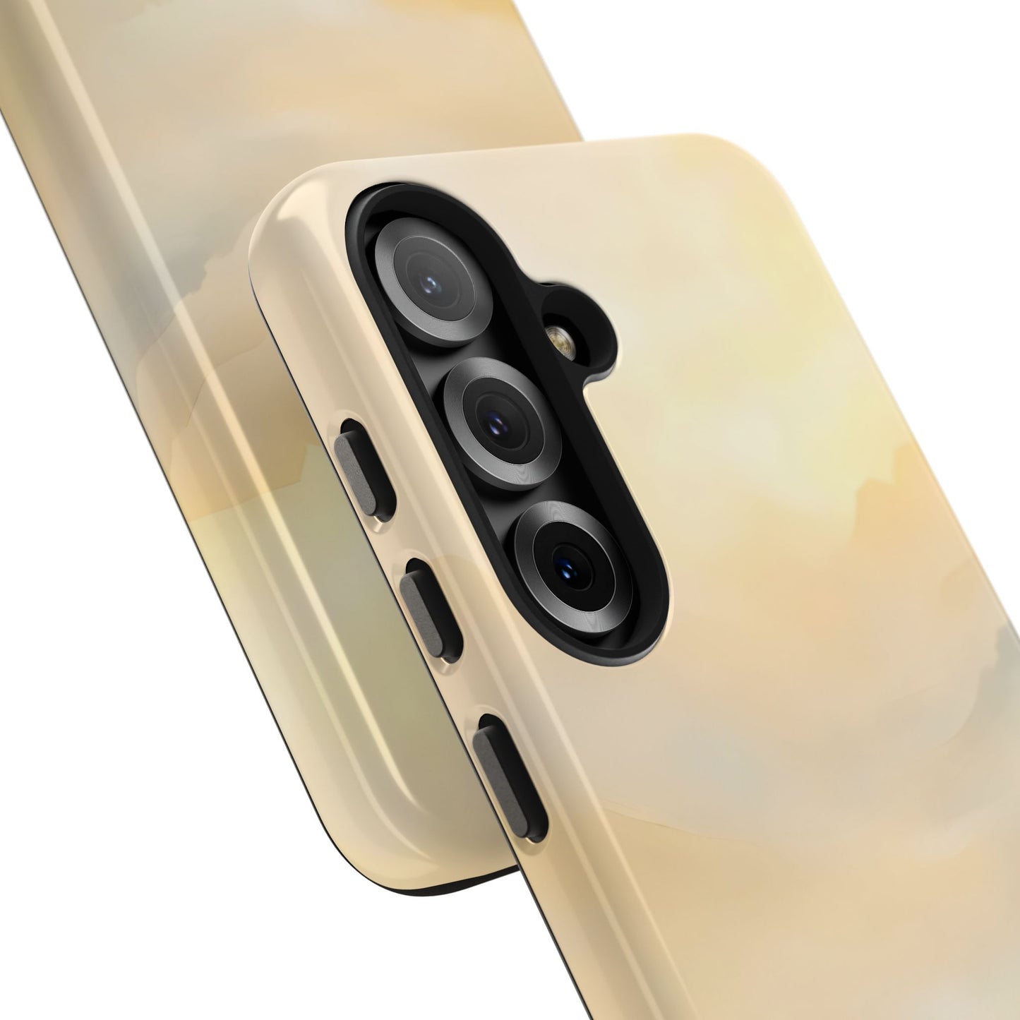 Minimalist beige phone case on smartphone with soft abstract pattern and camera cutout