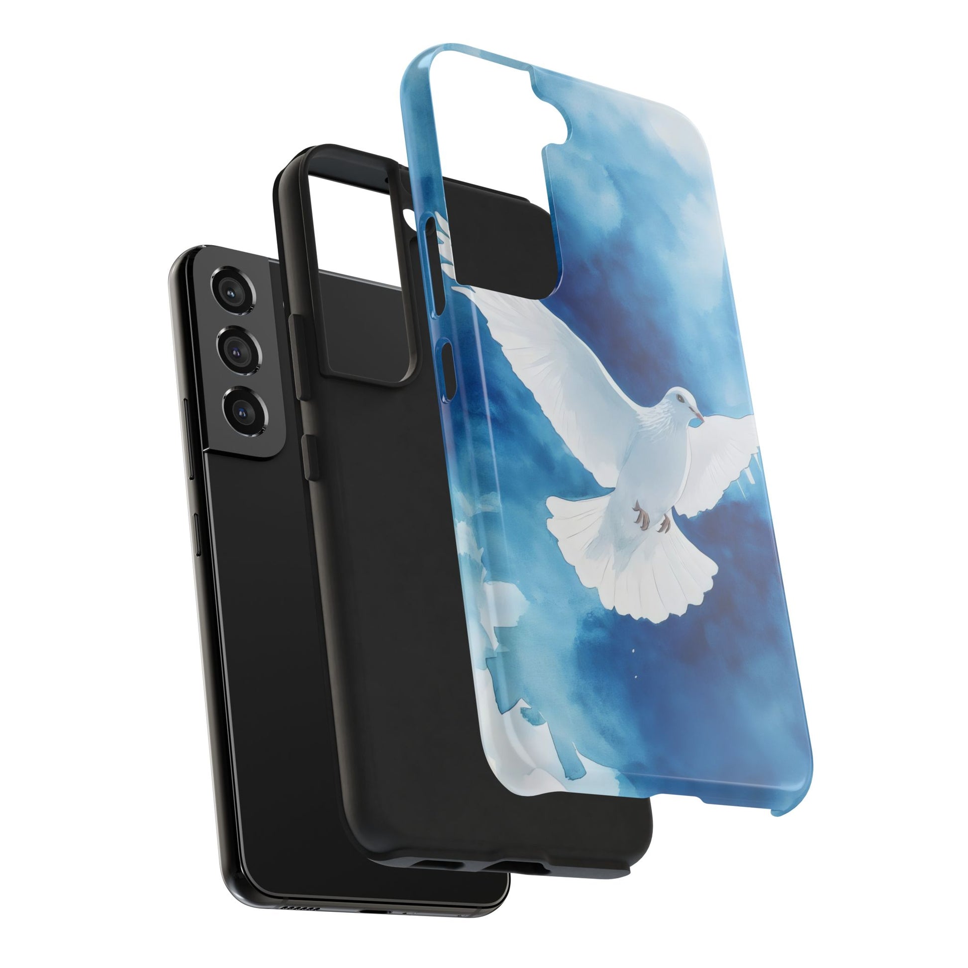 Christian phone case with white dove and blue sky design, faith-inspired smartphone accessory