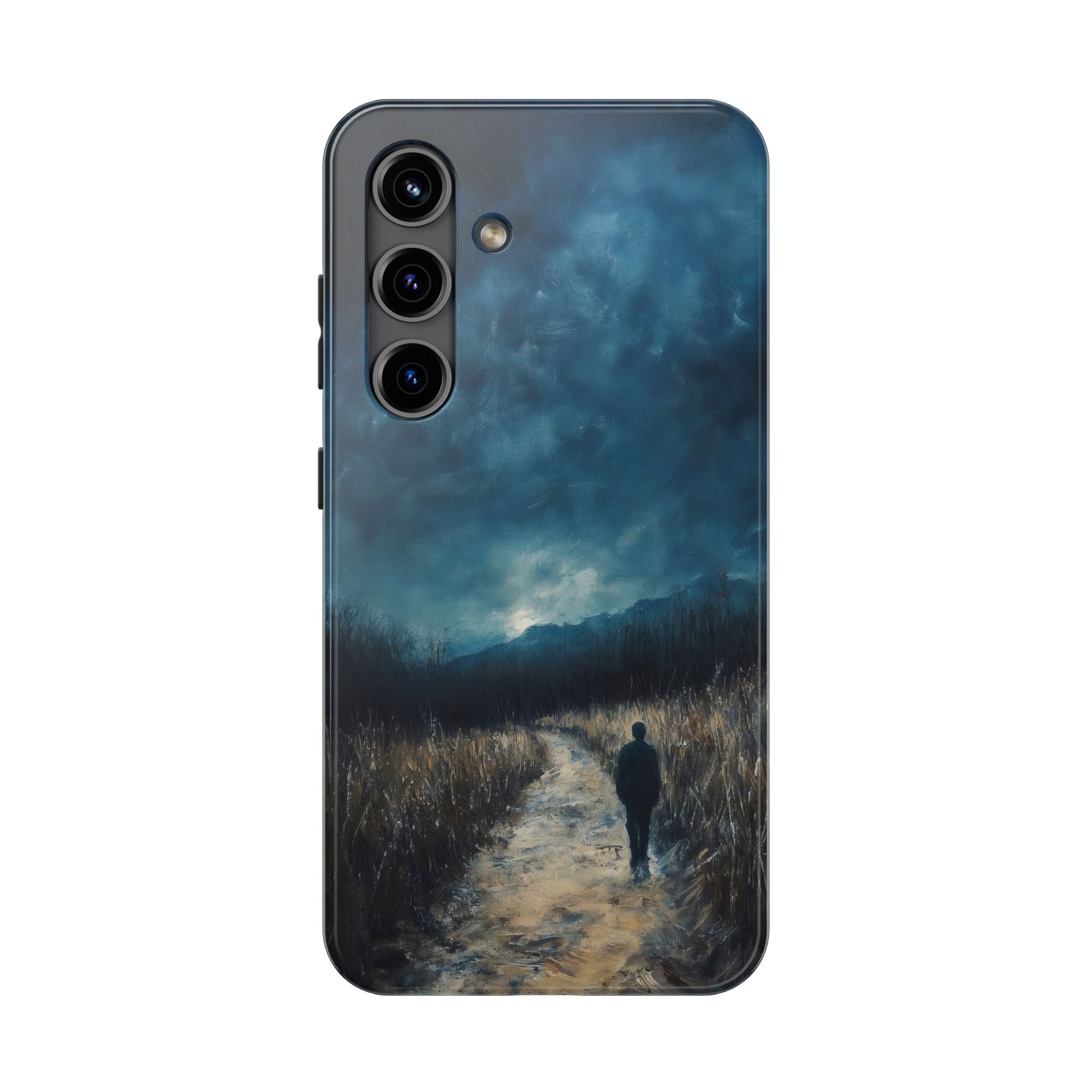 Phone case with serene landscape art of person walking a path under a moody sky