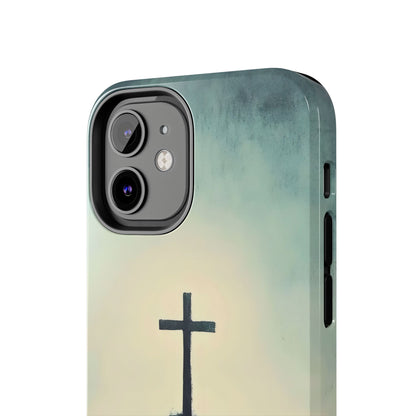 Christian phone case with minimalist cross design and calming blue gradient background