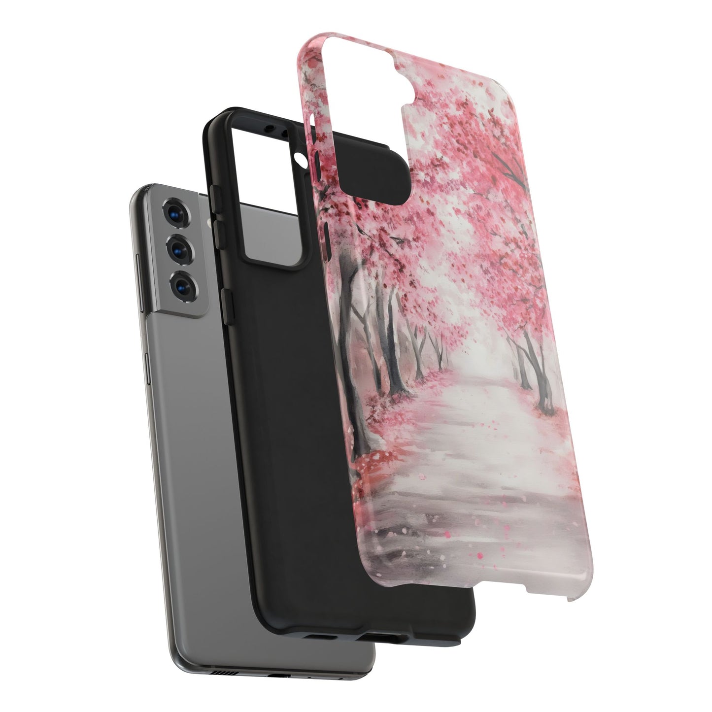 Protective phone case with pink cherry blossom path design, layered on smartphone