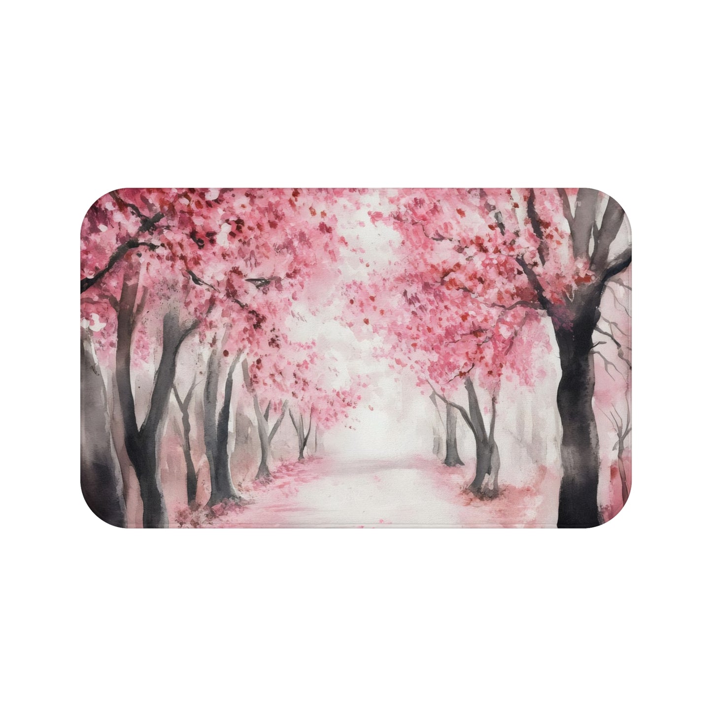 Watercolor wall art of a serene pathway lined with pink cherry blossom trees