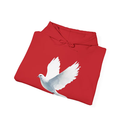 Red hoodie with white dove graphic, Christian faith-inspired apparel