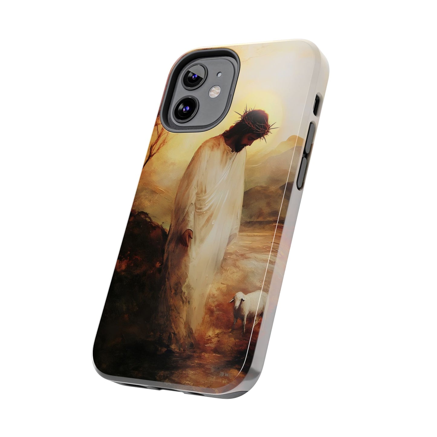 Christian phone case with Jesus and lamb art, faith-inspired spiritual design