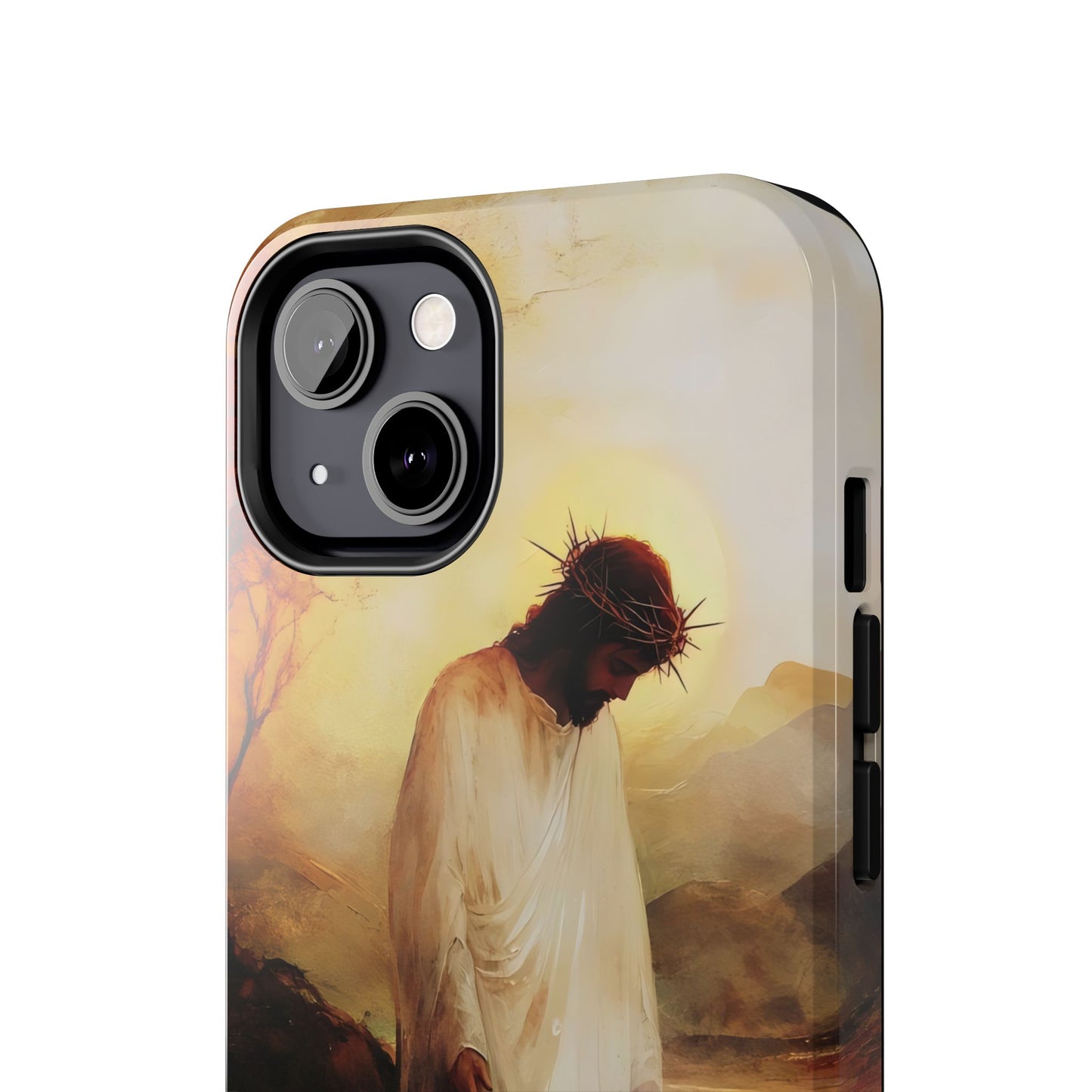 Christian phone case with Jesus in white robe and crown of thorns, serene landscape background