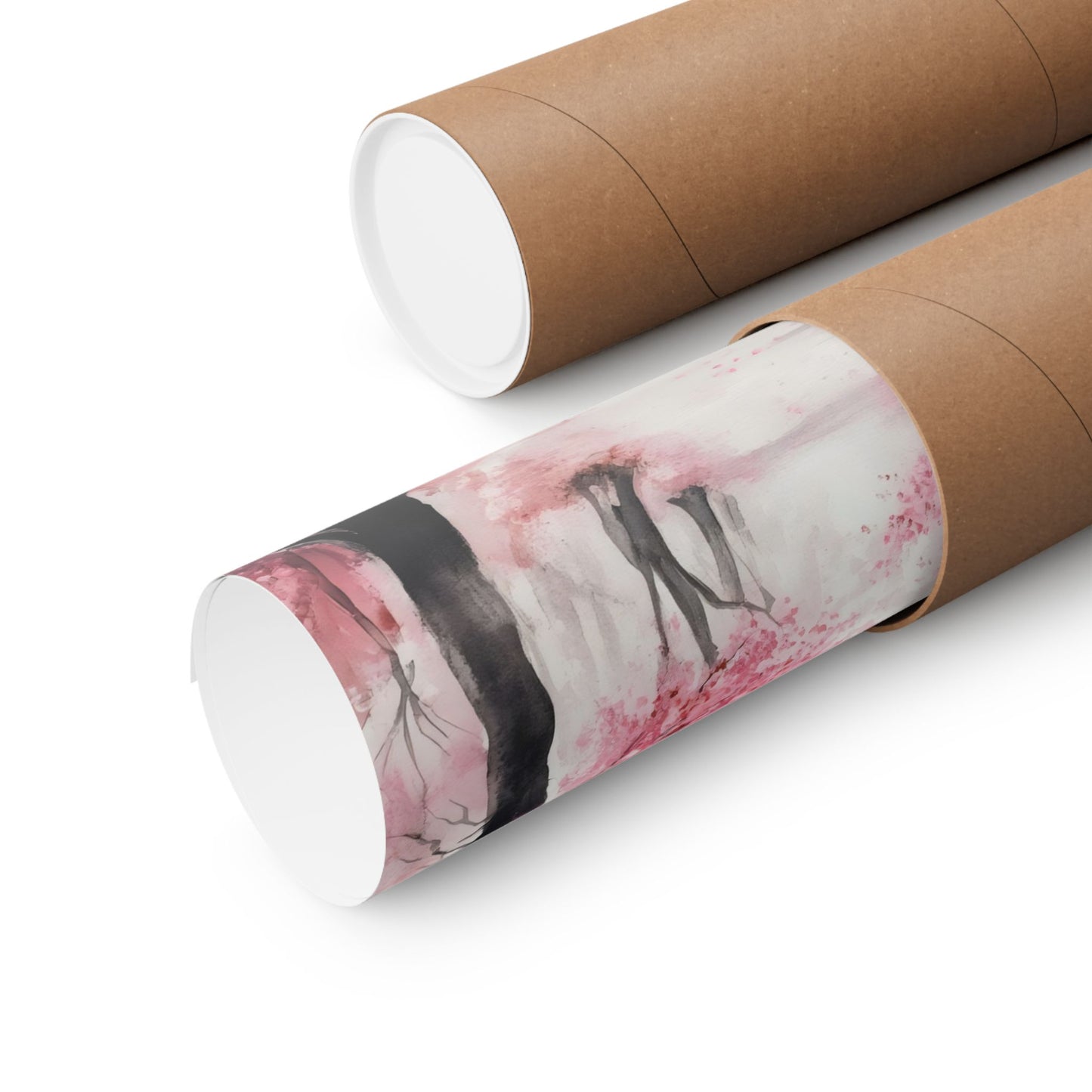 Rolled wall art print with watercolor cherry blossom tree scene in cardboard tube