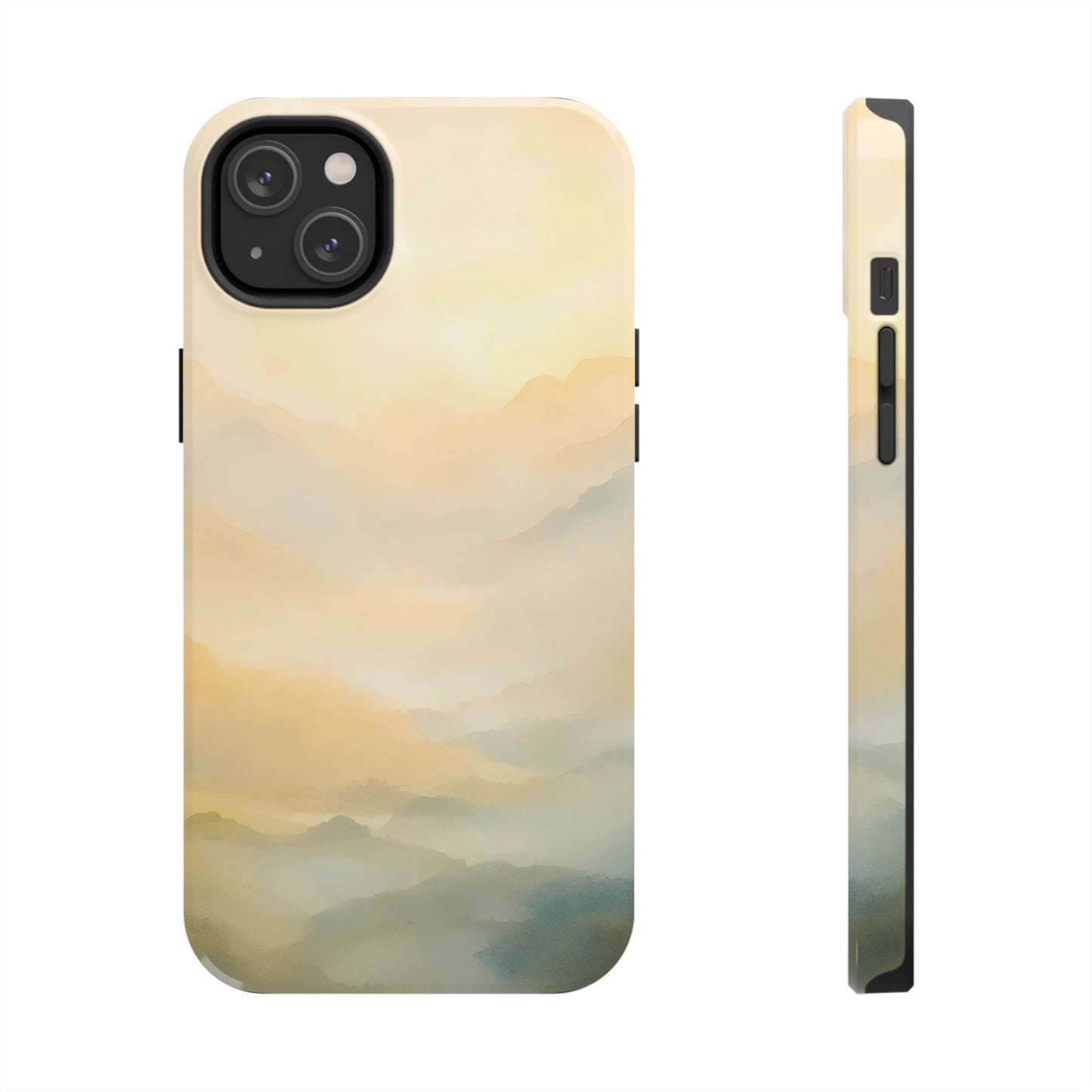 Minimalist phone case with soft pastel mountain landscape and serene misty sunrise design