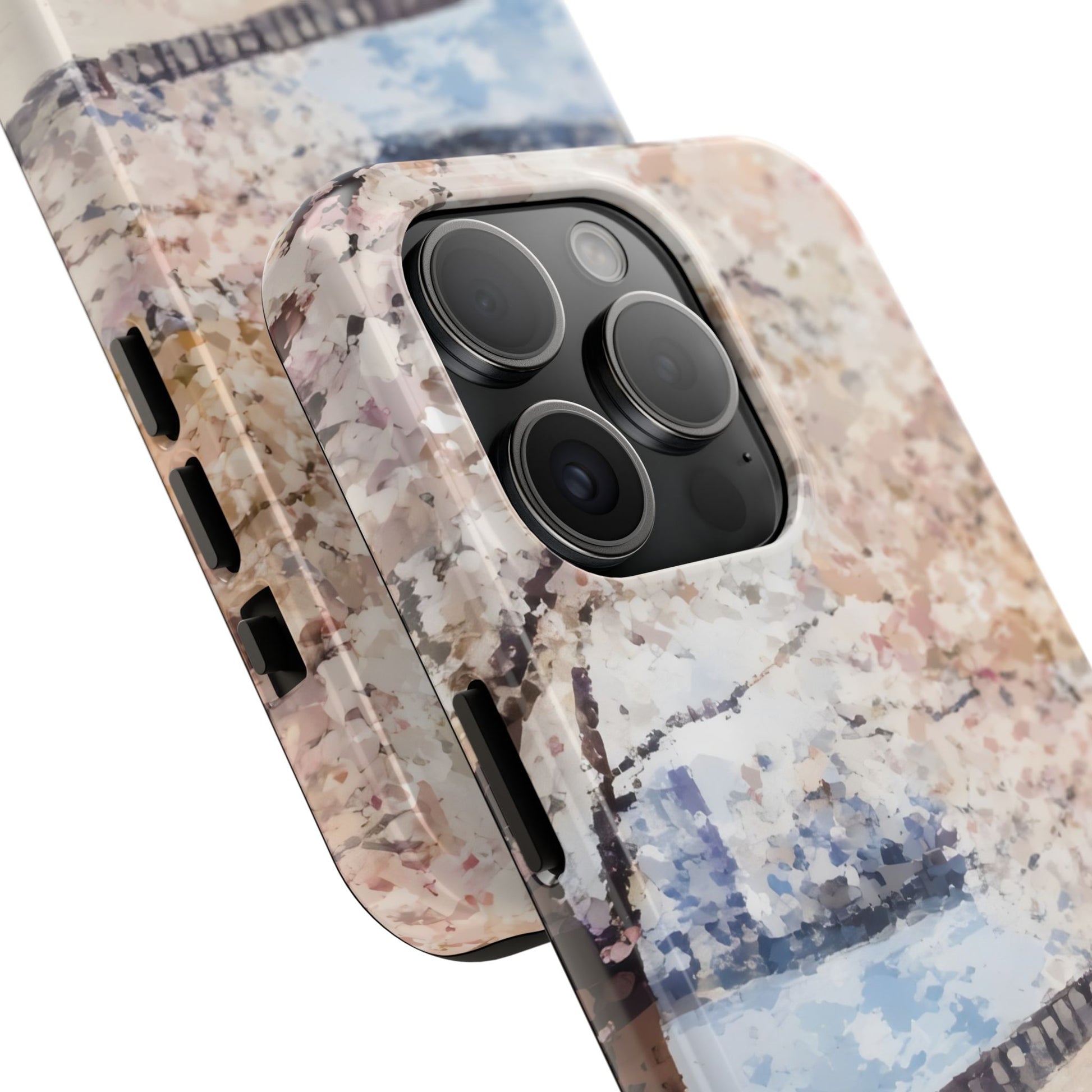 Close-up of smartphone with pastel watercolor floral case, abstract art design, camera detail