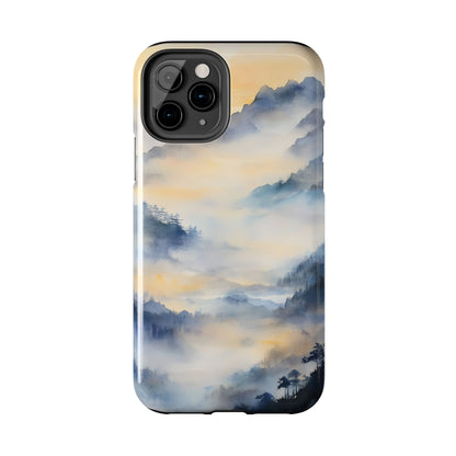 iPhone case with serene watercolor misty mountain landscape and sunrise tones