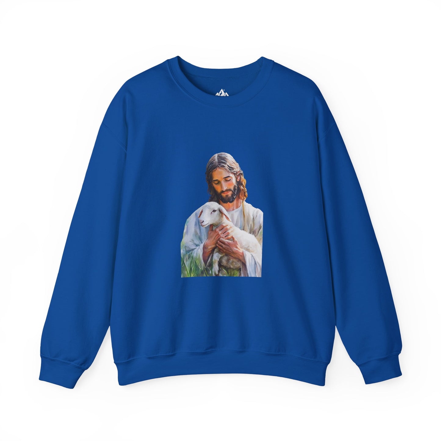 Blue Christian sweatshirt featuring a serene Jesus holding a lamb illustration