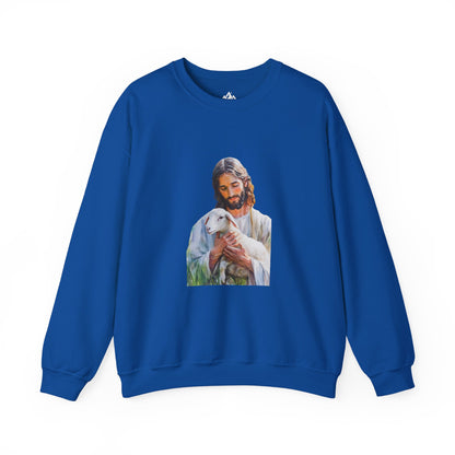 Blue Christian sweatshirt featuring a serene Jesus holding a lamb illustration