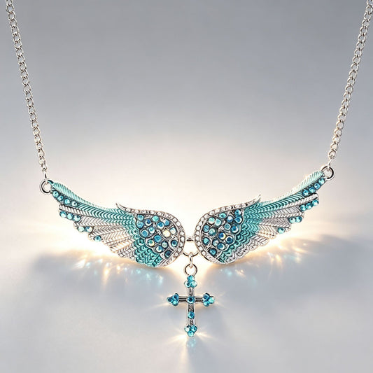 Blue-green crystal angel wing necklace with cross drop
