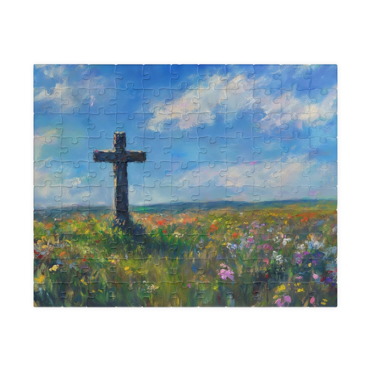 Jigsaw puzzle featuring a cross in a colorful wildflower field landscape