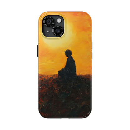 Phone case with silhouette of meditating person at sunrise, spiritual art design