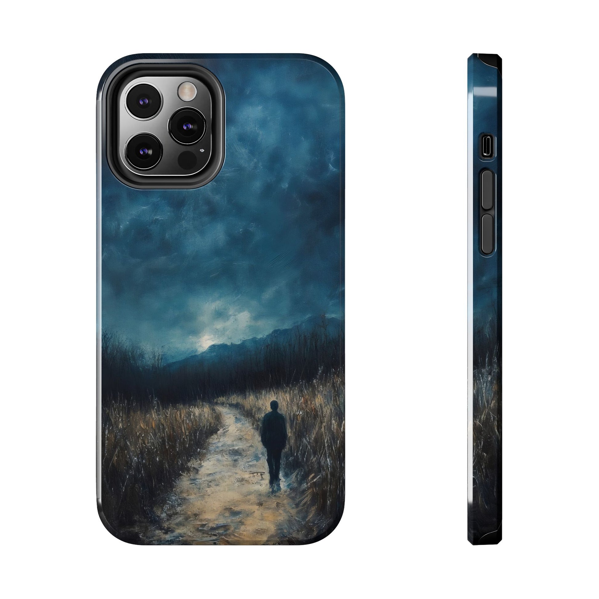Phone case with a serene landscape of a person walking on a path under a moody blue sky