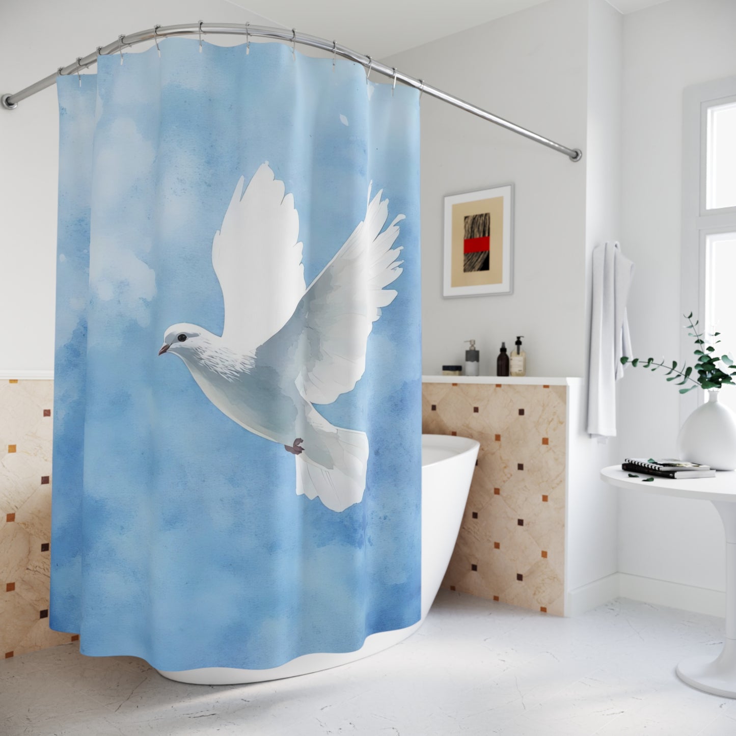 Bathroom with a blue shower curtain featuring a white dove, symbolizing peace and faith.