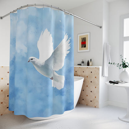 Bathroom with a blue shower curtain featuring a white dove, symbolizing peace and faith.