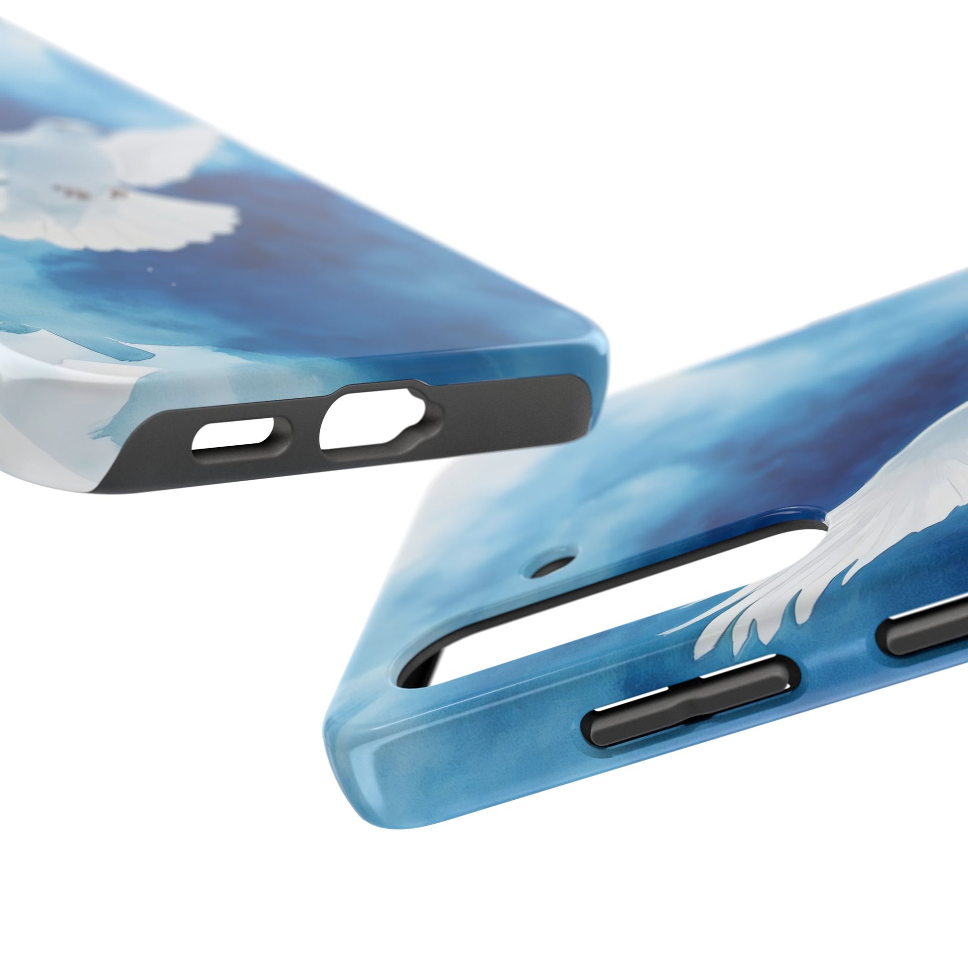 Blue phone cases with white dove and sky design, Christian inspirational accessory