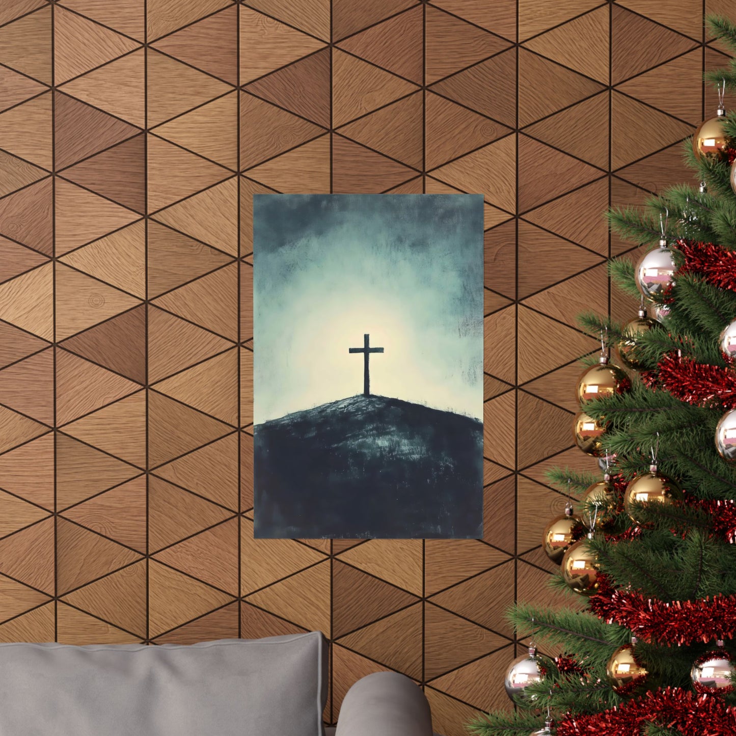 Christian wall art cross on hill, modern geometric wood wall, Christmas tree decor