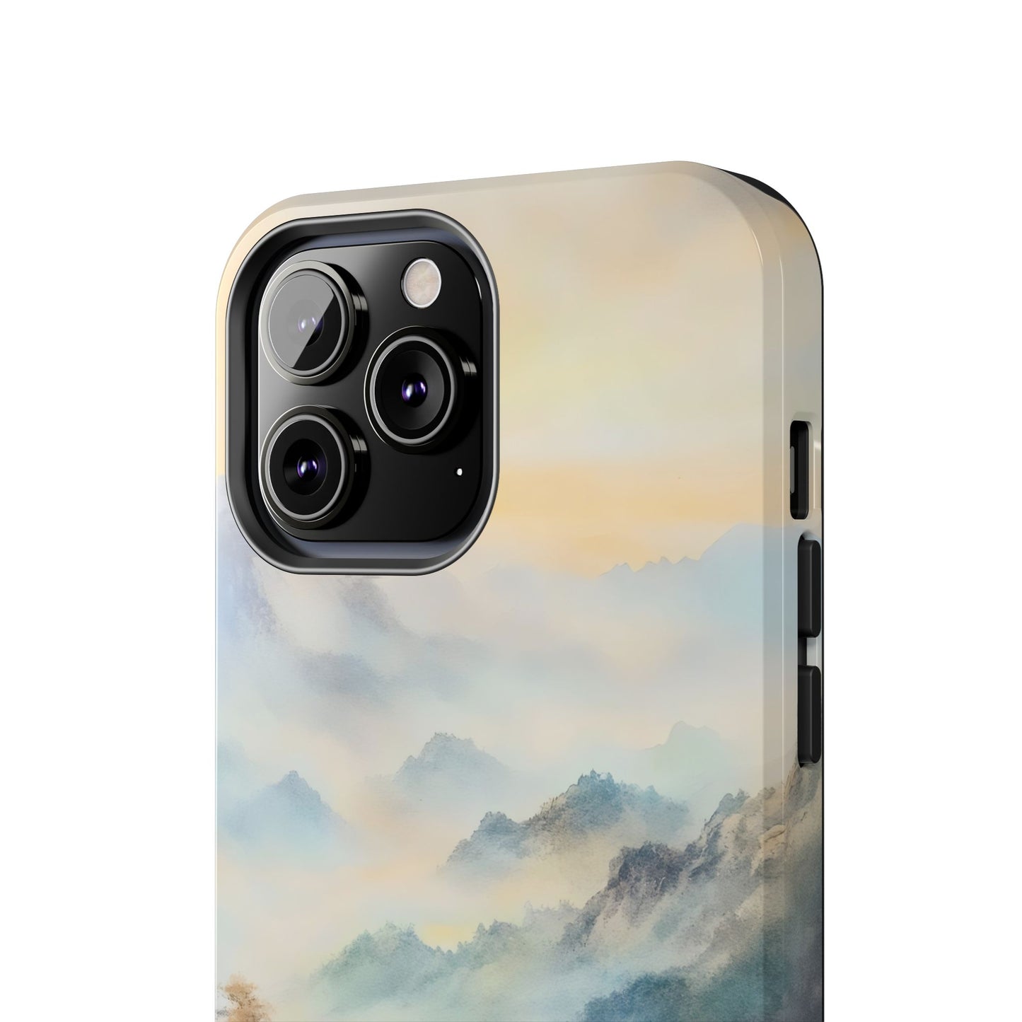 Christian-themed phone case with serene mountain landscape and soft pastel mist