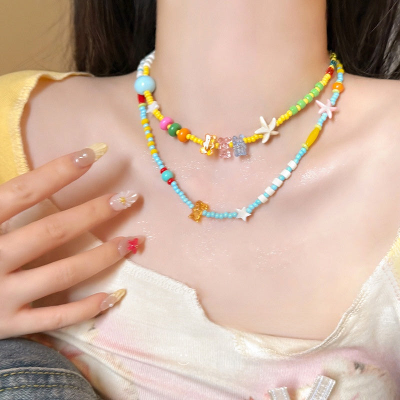 Colorful Beaded Bear Clavicle Necklace and Bracelet – product view 2