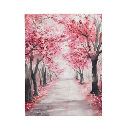 Velveteen plush blanket with a pink cherry blossom pathway landscape