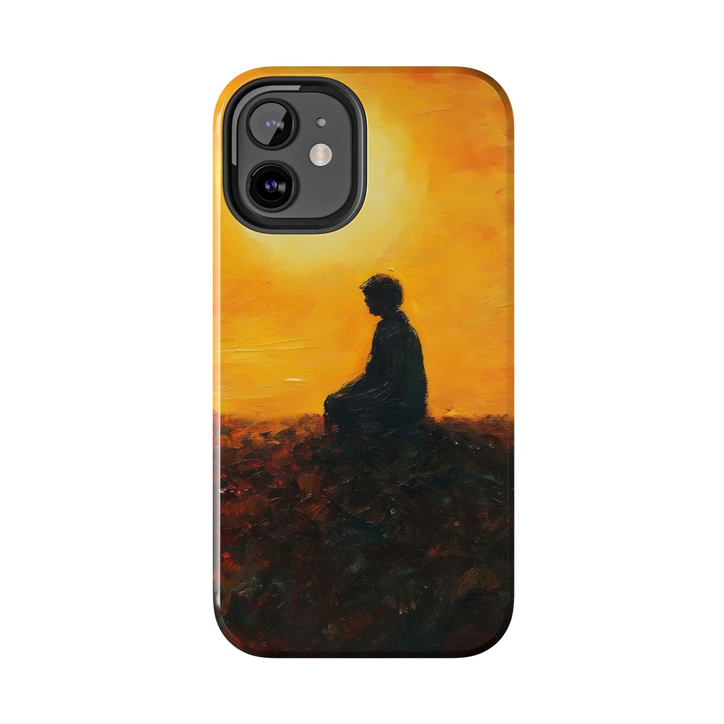 Christian phone case with silhouette of person meditating at sunset, spiritual art design