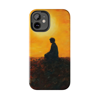 Christian phone case with silhouette of person meditating at sunset, spiritual art design