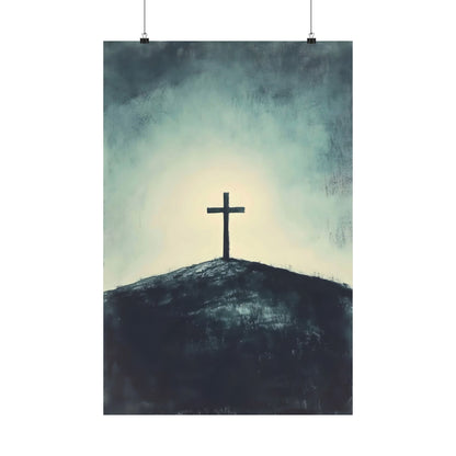 Christian wall art poster with a black cross on a hill, glowing sky, spiritual home decor