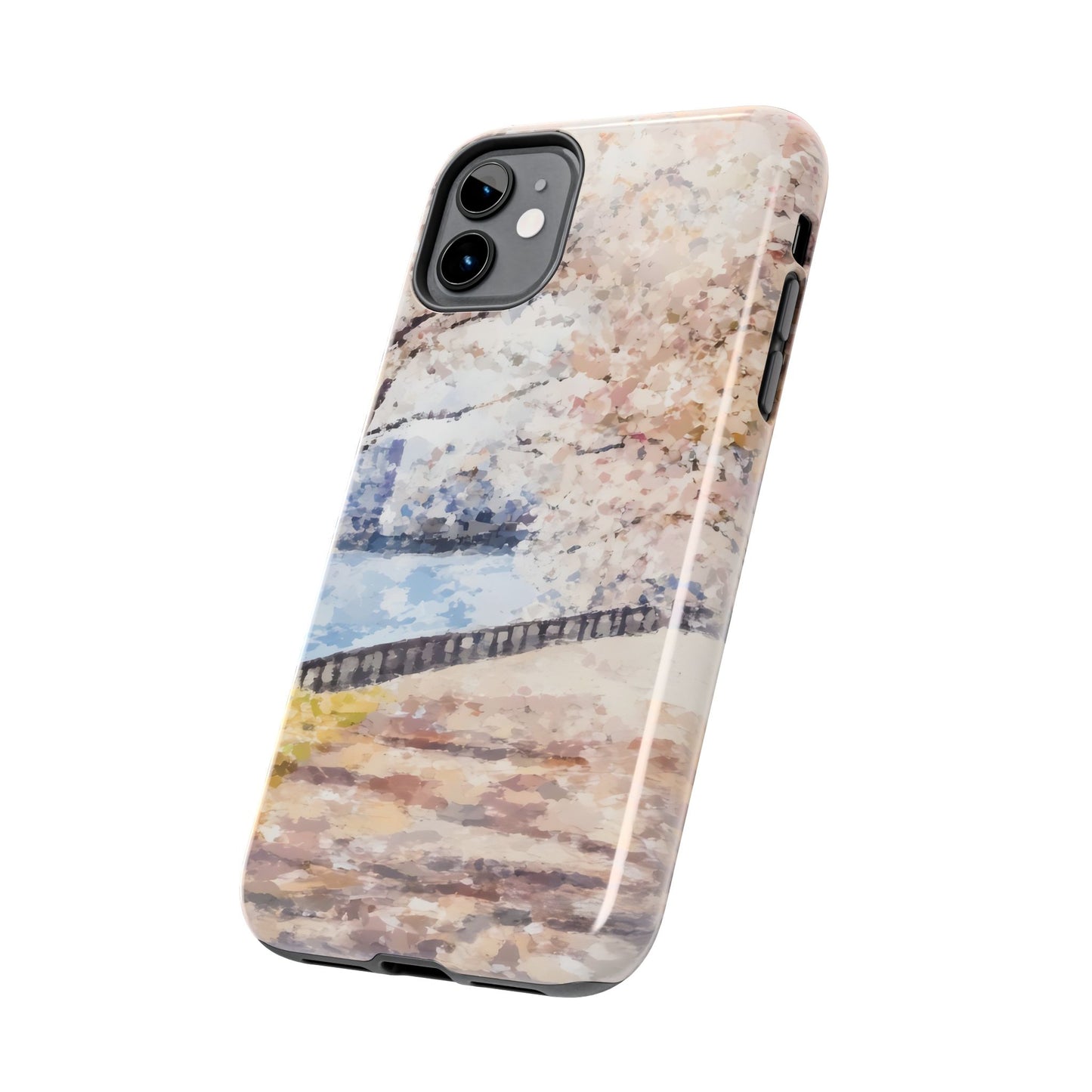 Phone case with pastel impressionist landscape and blooming tree design