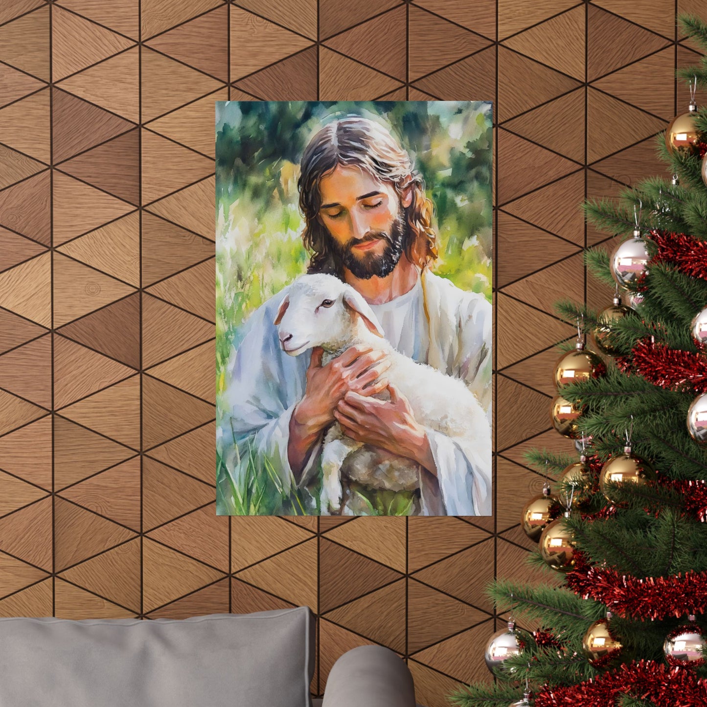 Christian wall art of Jesus holding a lamb, displayed beside a decorated Christmas tree