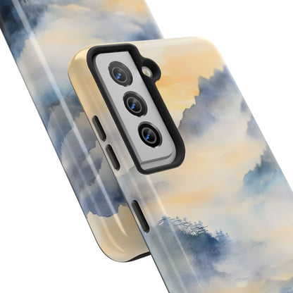Phone cases with serene blue and yellow watercolor mountain landscape design