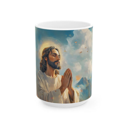 Ceramic mug featuring serene illustration of Jesus praying with clouds and soft sunlight