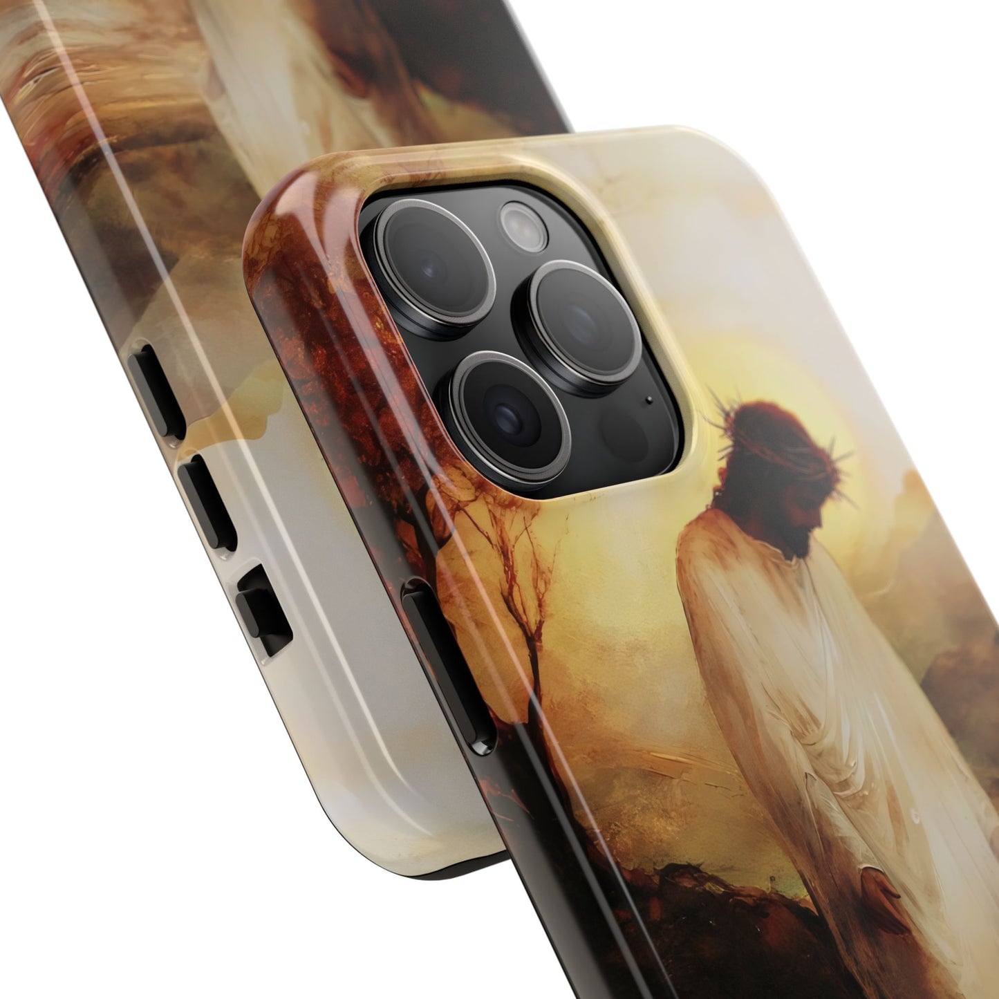 iPhone case featuring a contemplative Jesus with crown of thorns in a spiritual, painted scene
