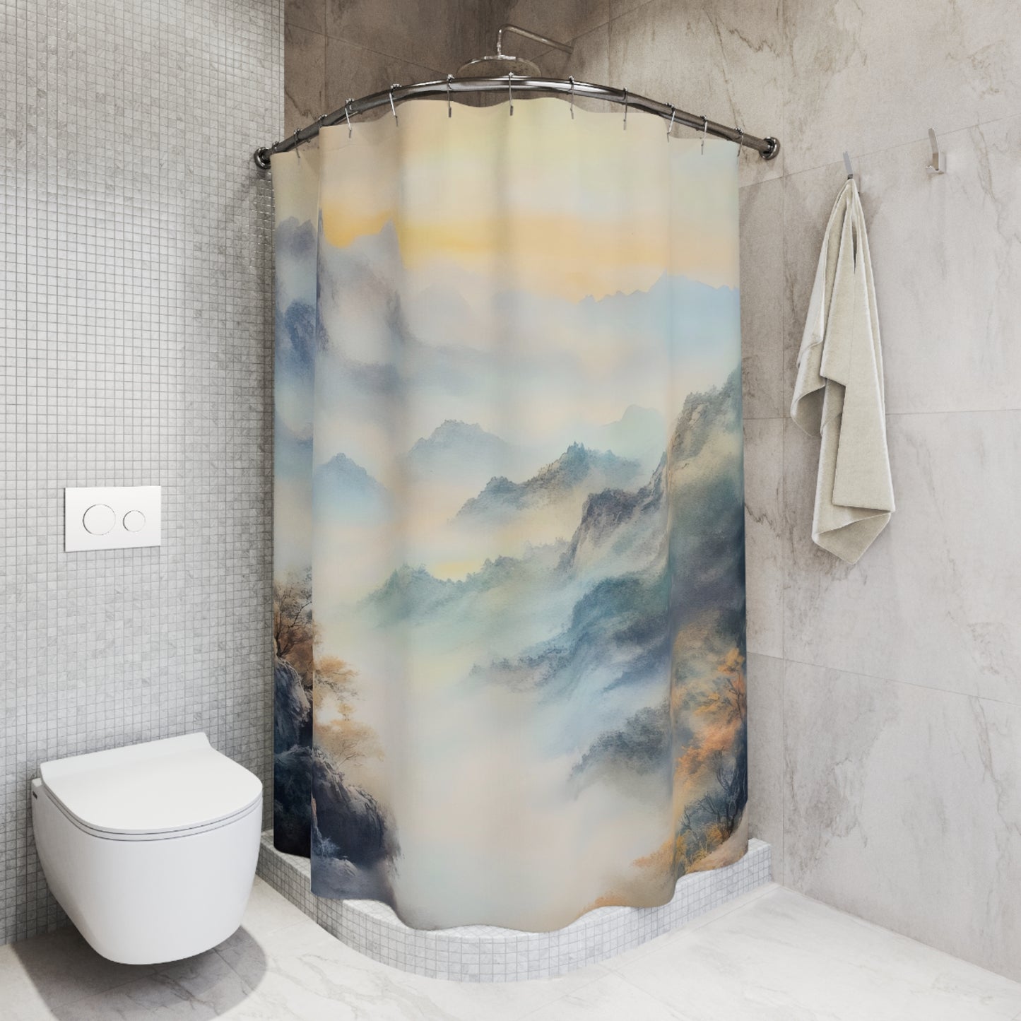 Bathroom with marble walls, a towel on a hook, and a shower curtain featuring misty mountain art