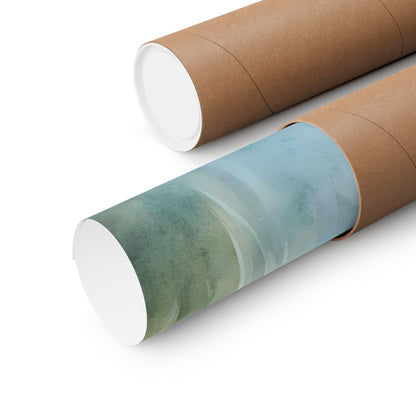 Rolled abstract Christian wall art print in packaging tube, blue green watercolor design