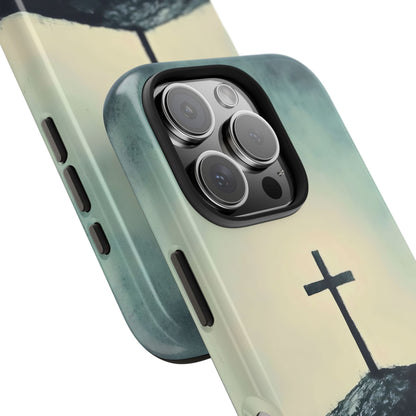 Christian cross phone case with serene minimalist art and soft pastel background