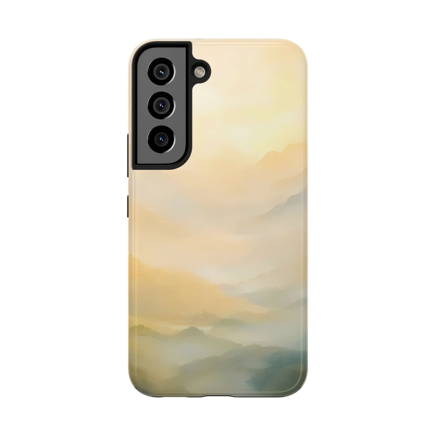 Phone case with serene misty mountain landscape in soft pastel colors